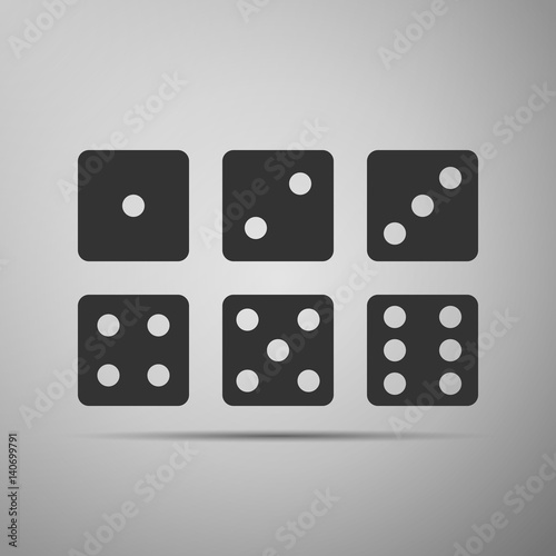 Set of six dices flat icon on grey background. Vector Illustration