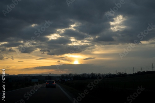 Sunset on the road. Slovakia