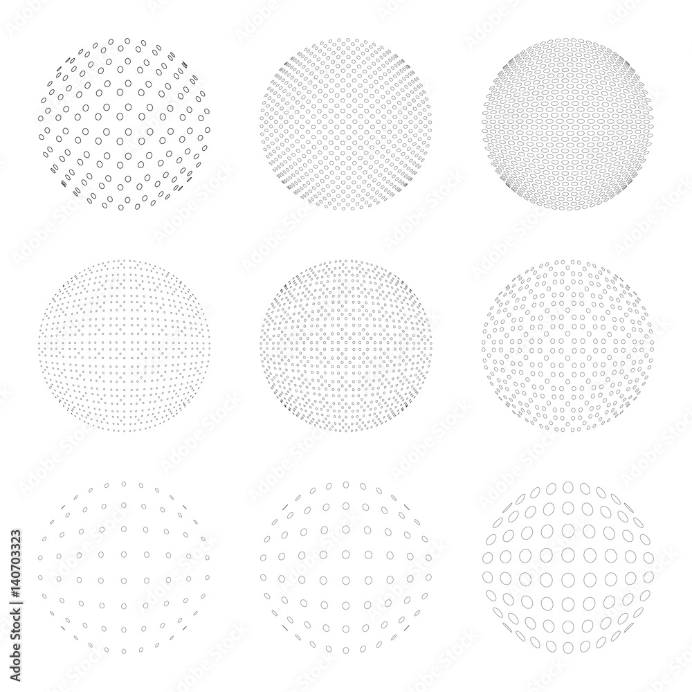 Set of Halftone circles isolated on white background.Collection of halftone effect dot patterns.Sphere illustration.Abstract business symbol.Circular vector logo for your design.Isolated black icon.