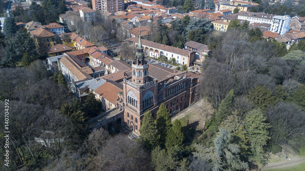 Torre neogotica di Desio, ex convento francescano, vista panoramica, vista aerea, Desio, Monza e Brianza, Milano, Italia