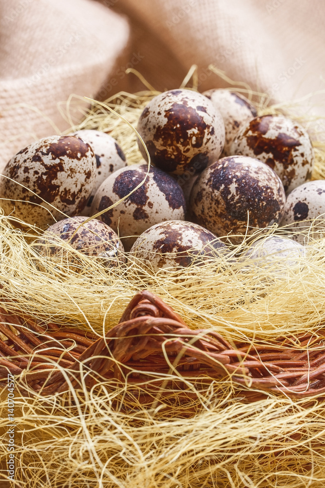 Obraz premium Quail eggs in a basket with straw.