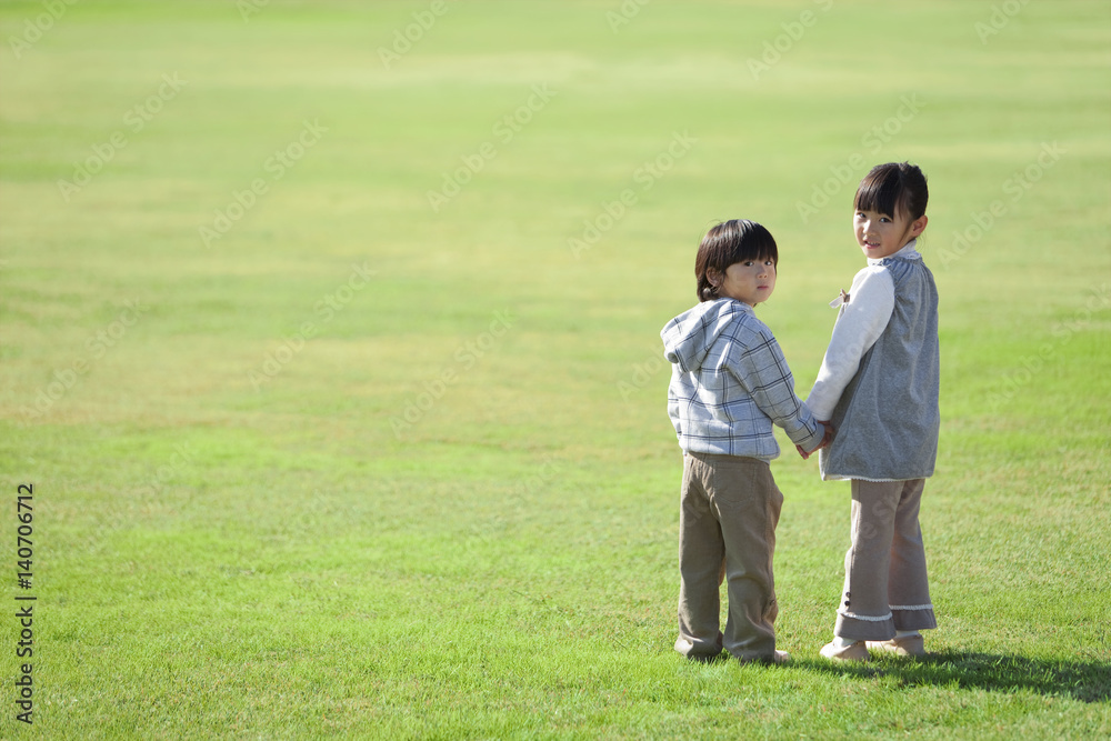 Boy and Girl Holding Hands in Field Boy and Girl Holding Hands in Field