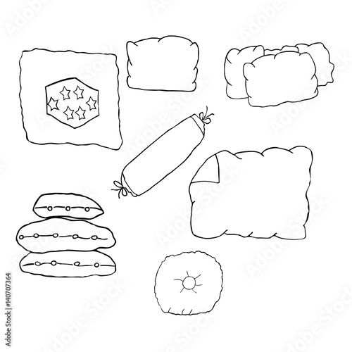 Blankets and pillows of different forms drawn in line art. Symbol for bedtime and sleep, boys and girls bed