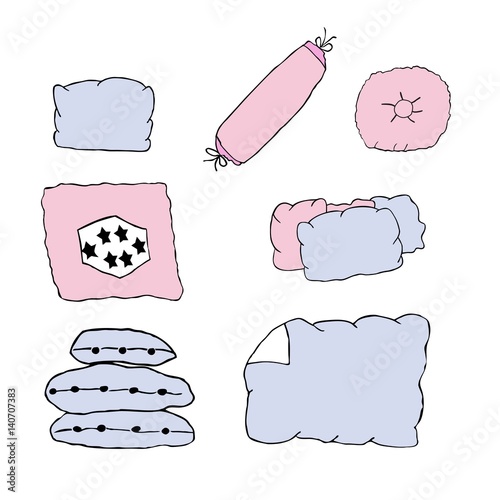Blankets and pillows of different forms drawn in line art and coloured with blue. Symbol for bedtime and sleep, boys and girls bed
