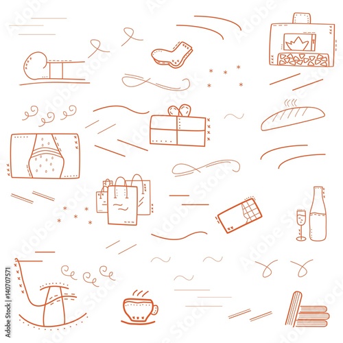 Danish hygge concept of belonging to moment, enjoying simple things: fireplace, rocking chair, warm socks, cup of tea, shopping bags, bread, rainbow,chocolate. Pink thin line with white background