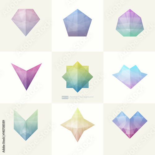 Set of trendy soft mesh facet crystal gem geometric logo icons. Abstract shapes for business visual identity- triangle, polygons and rectangular designs