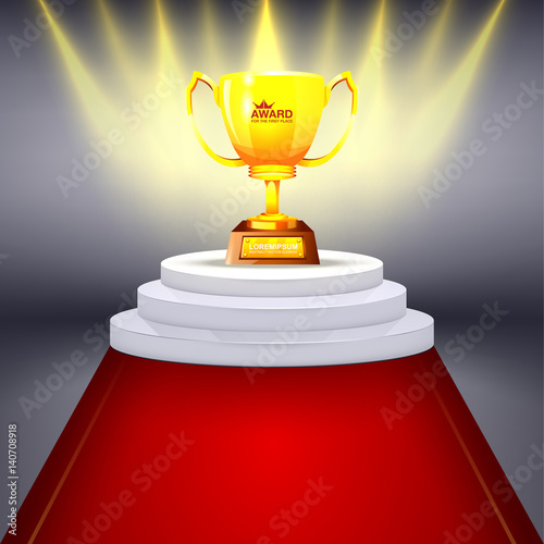 Gold Cup winner standing on a podium. Stock illustration.