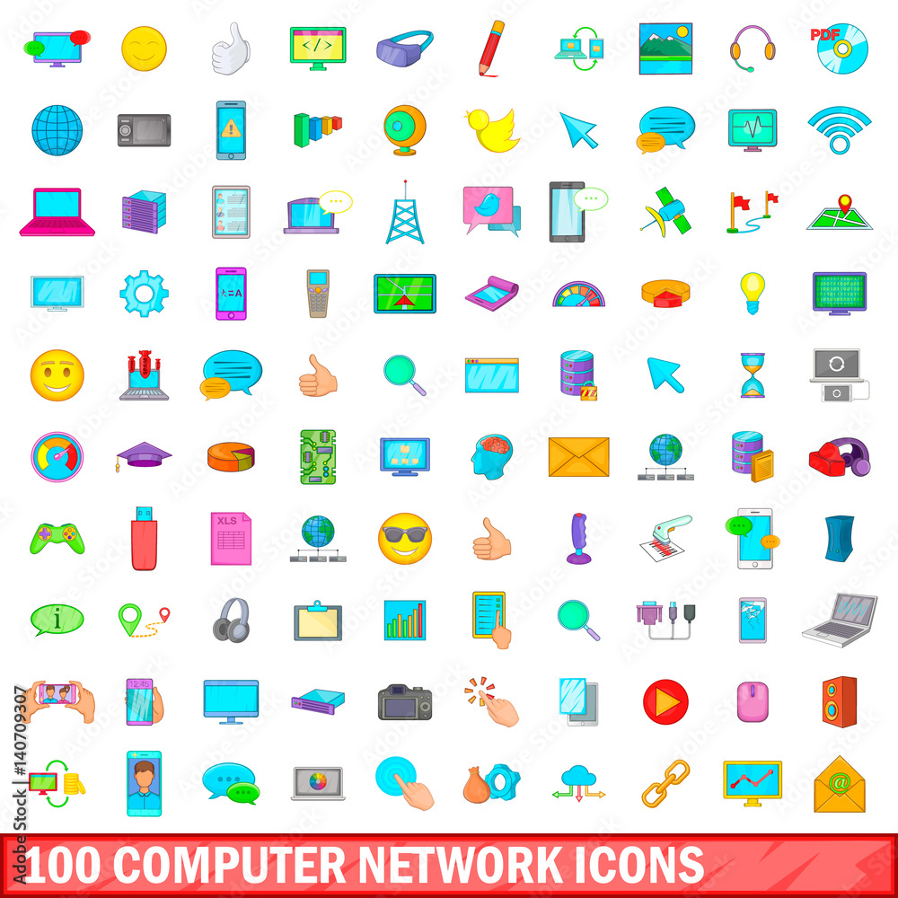 100 computer network icons set, cartoon style 100 computer network icons set, cartoon style