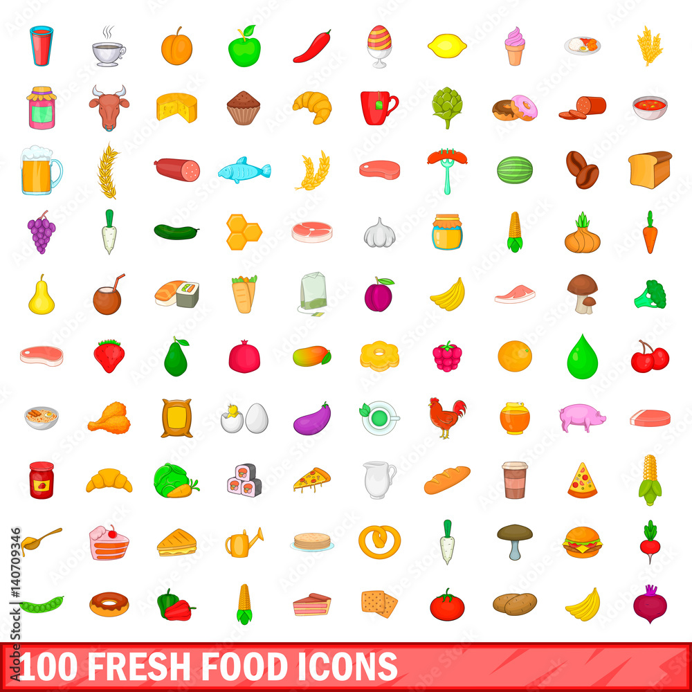 100 fresh food icons set, cartoon style