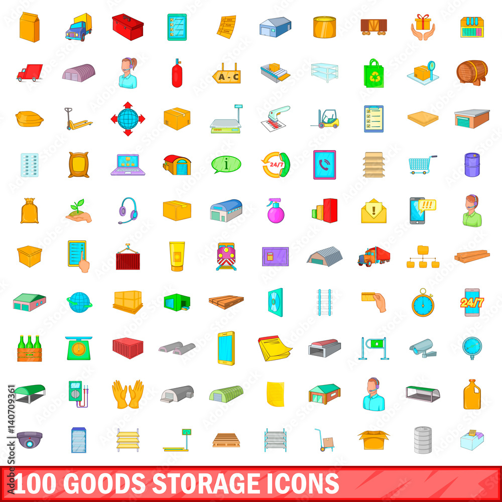 100 goods storage icons set, cartoon style 100 goods storage icons set, cartoon style