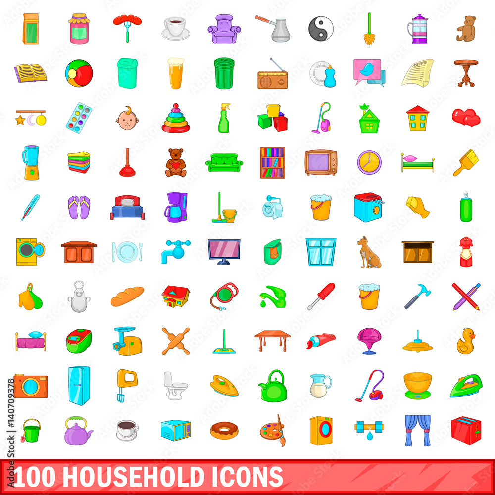 100 household icons set, cartoon style 100 household icons set, cartoon style