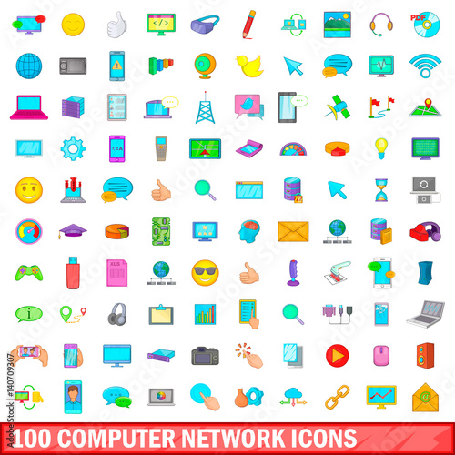 100 computer network icons set, cartoon style