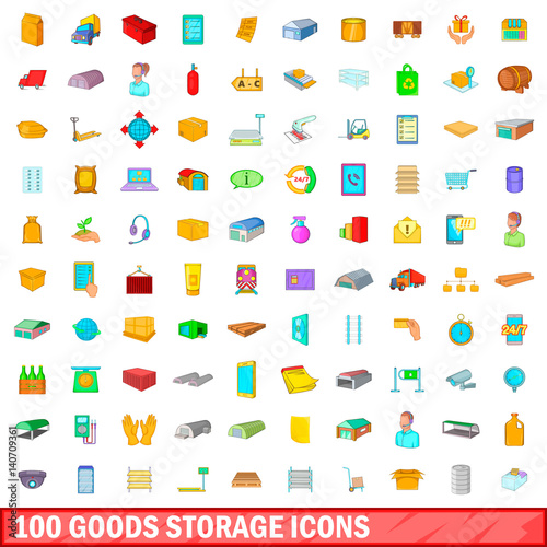 100 goods storage icons set, cartoon style