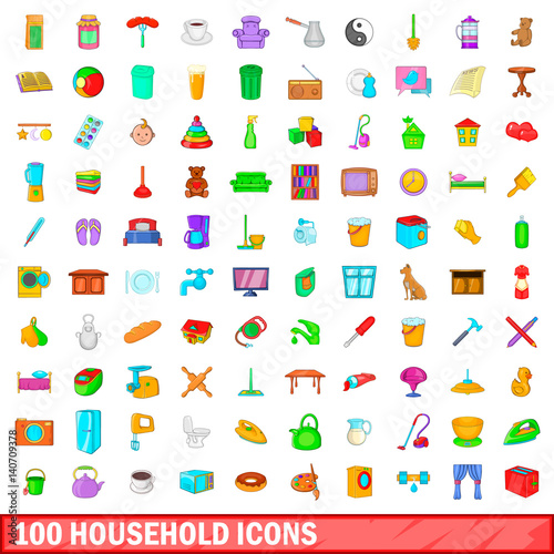 100 household icons set, cartoon style