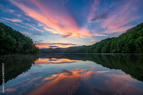 Scenic summer sunset over calm lake  Appalachian mountains