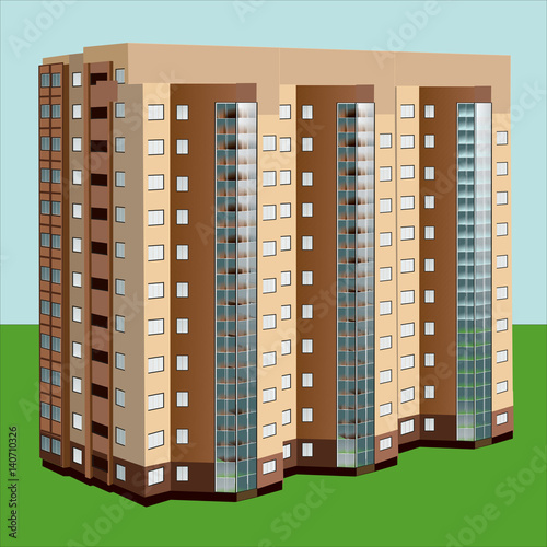Four multistorey buildings against a blue background. Isometric vector illustration
