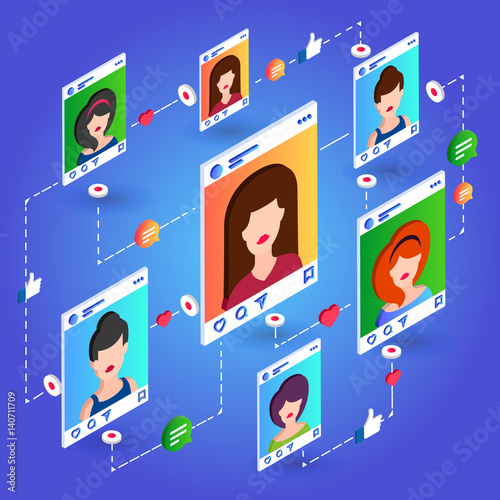 Isometric social network communication on blue background