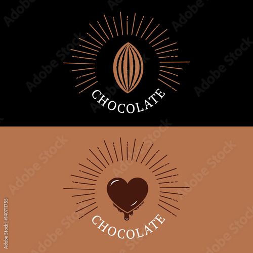 Set of chocolate logo, emblem, badge or label with cocoa bean and heart. photo