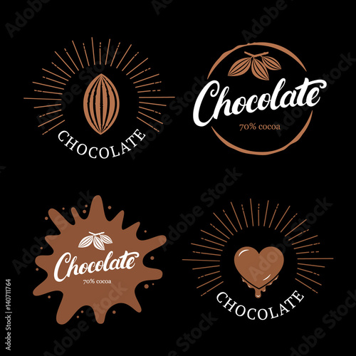 Set of chocolate hand written lettering logo, label, badge or emblem with cocoa bean.