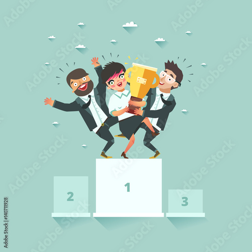Business men standing on winning podium and holding trophy winner cup