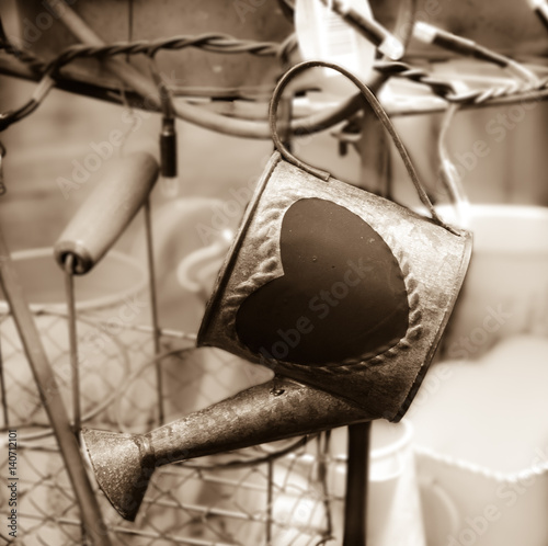 Cultivate your Love! Valentines day background. Watering can with heart shape and other garden equipment. Sepia.