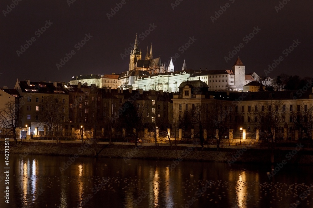 St. Vitus Cathedral and Prague Castle at night, Prague, Czech Republic.