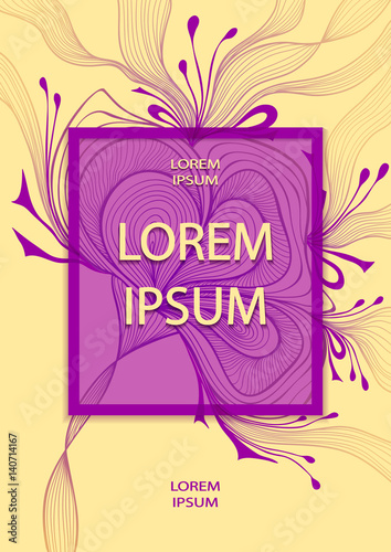 Template flyer design with abstract flower bows waves in lilac on beige