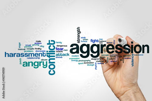 Aggression word cloud concept on grey background