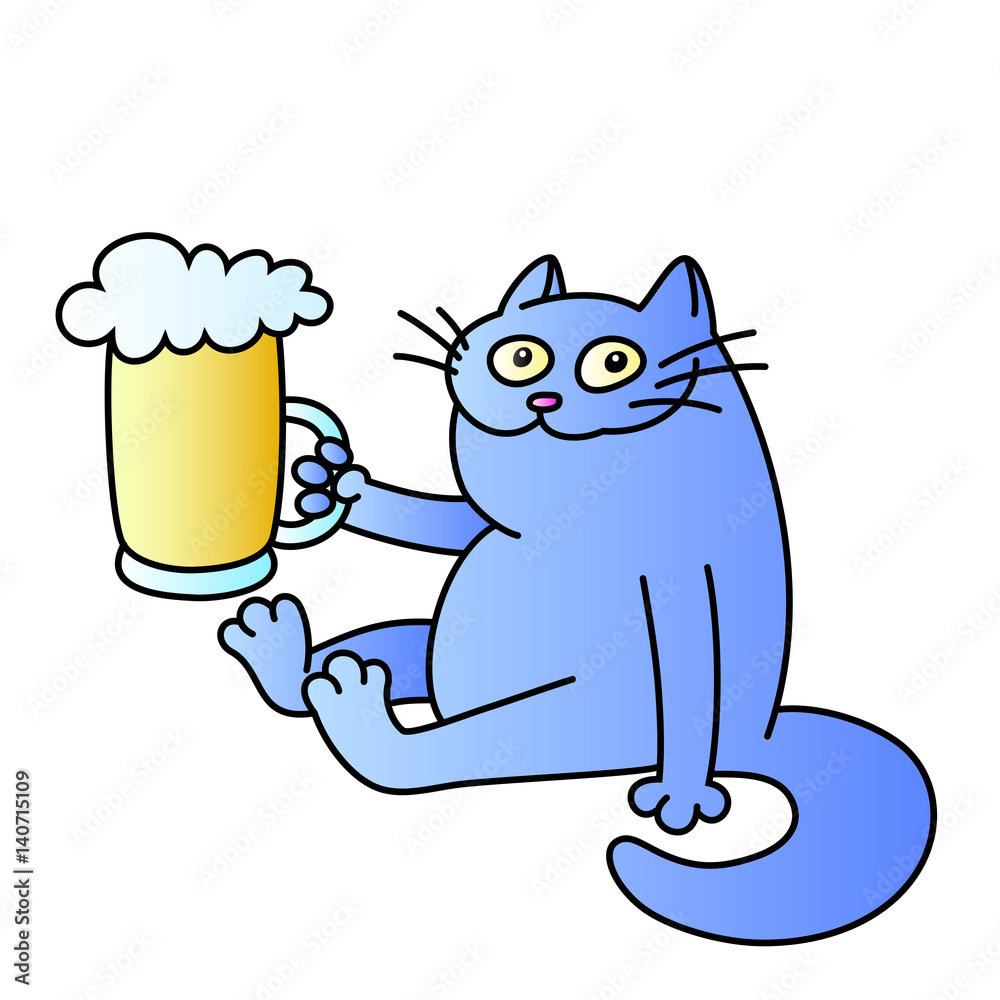 Cat With A Mug Of Beer Funny Cartoon Character Good Evening Blue Color Isolated Vector Illustration Stock Vector Adobe Stock
