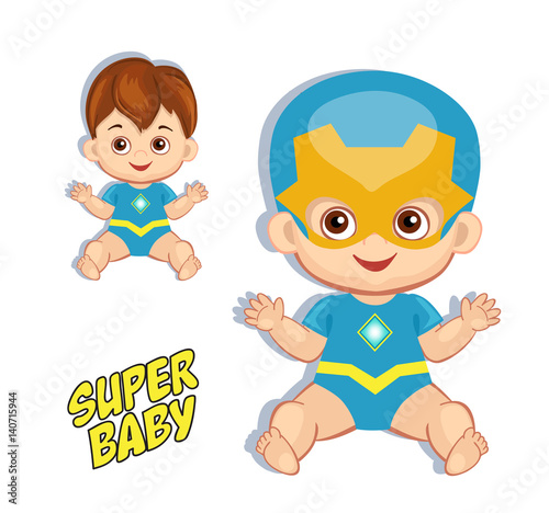 Illustration cute baby boy in the costume of a superhero. Vector illustration isolated on white background.