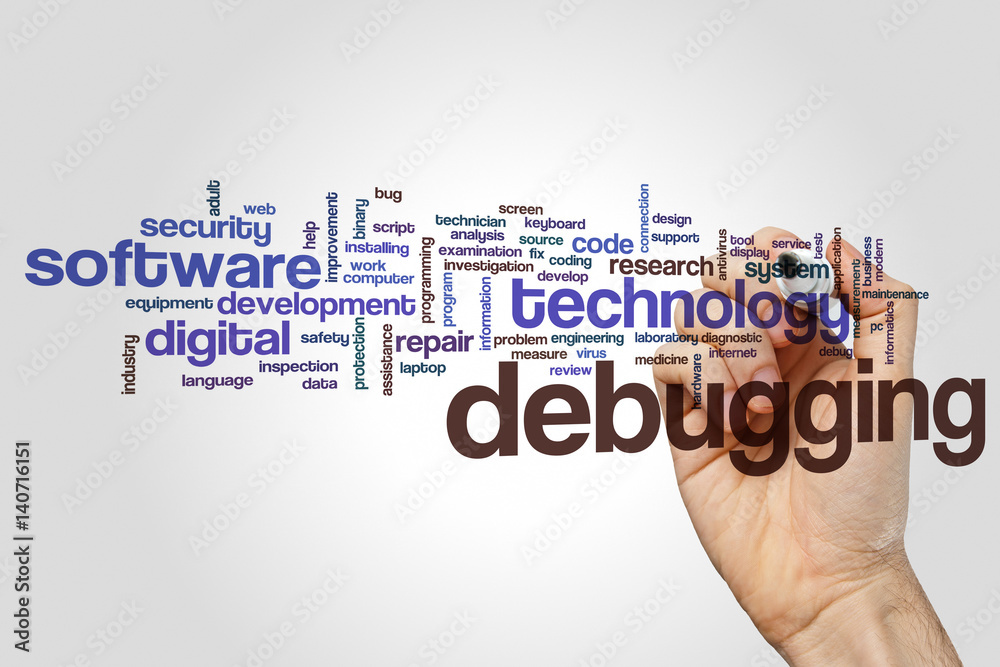 Debugging word cloud concept on grey background Debugging word cloud concept on grey background