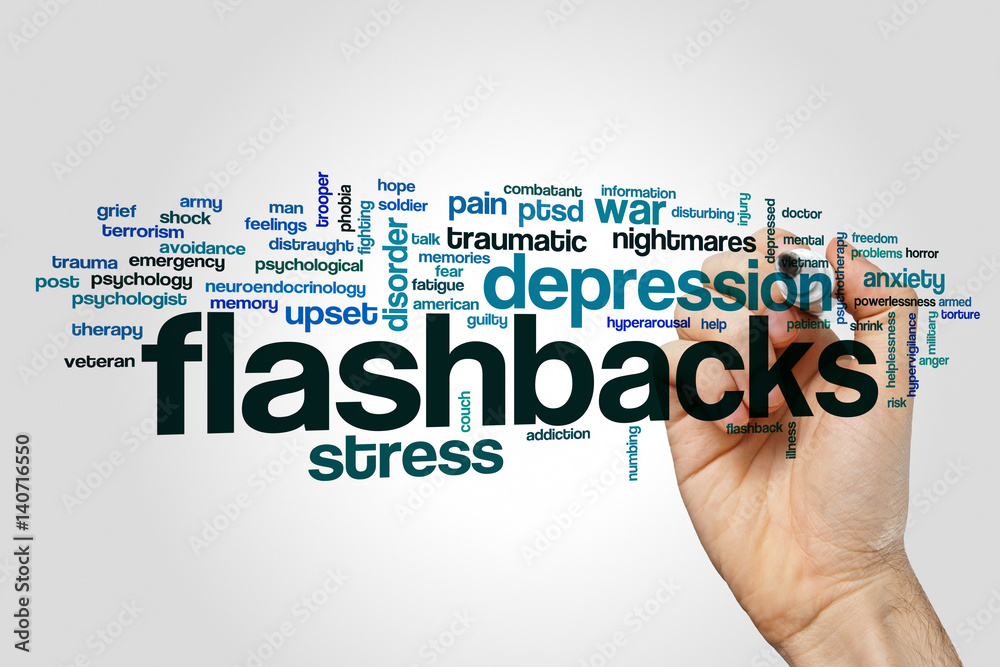 Flashbacks word cloud concept on grey background Flashbacks word cloud concept on grey background