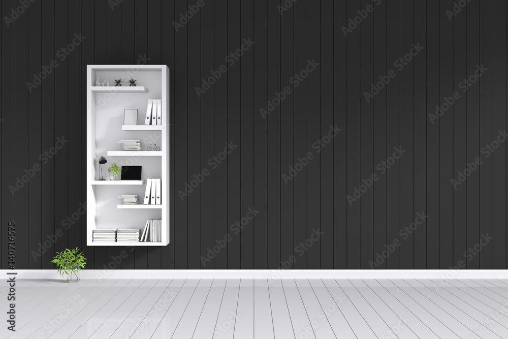 3d rendering : room Minimalist interior light and shadow with white book shelf at front of black shiny wooden tile wall with white floor. minimalism style wall in background. decorate interior