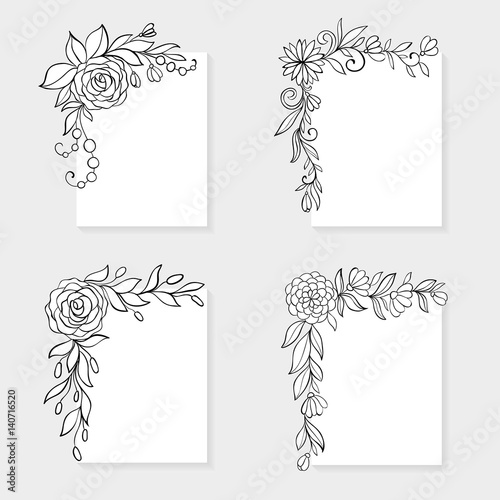 Set of black and white hand drawn corner floral borders.