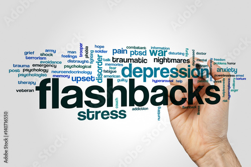 Foto Flashbacks word cloud concept on grey background