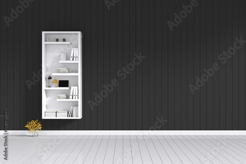 3d rendering : room Minimalist interior light and shadow with white book shelf at front of black shiny wooden tile wall with white floor. minimalism style wall in background. decorate interior