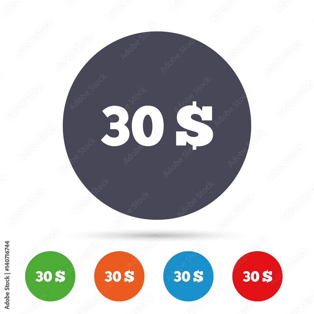 30 Dollars sign icon. USD currency symbol. 30 Dollars sign icon. USD currency symbol.