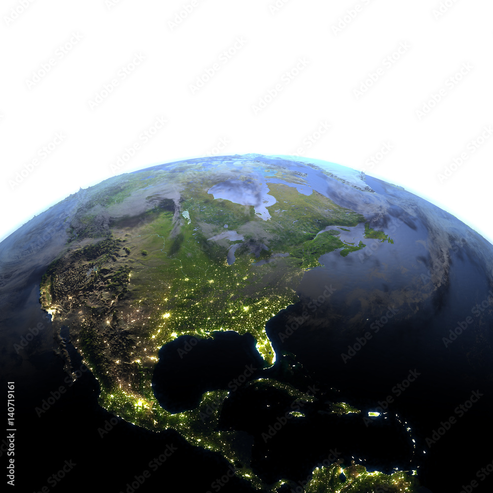 Fototapeta premium Central and North America at night on planet Earth