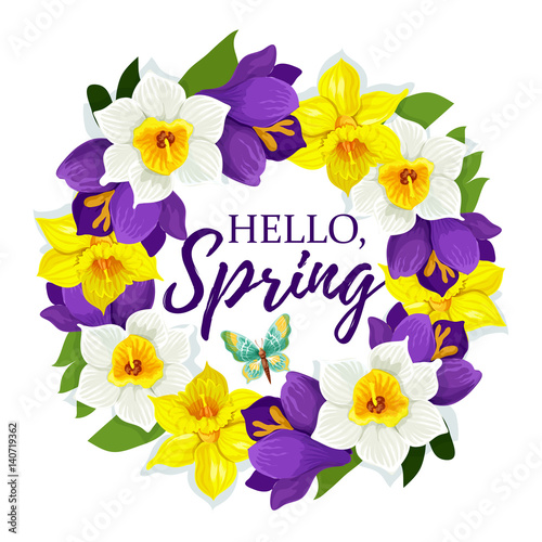 Hello Spring daffodil flowers vector floral poster