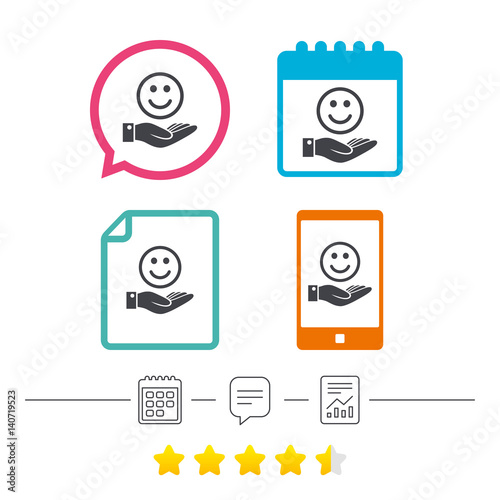 Smile and hand sign. Palm hold happy face symbol.