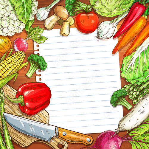 Vegetables and blank paper on wooden background