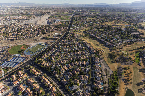 Aerial view of neighborhoods along Rampart Blvd in the Summerlin community of Las Vegas, Nevada.