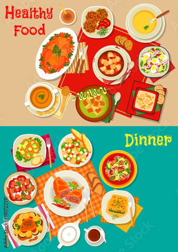 Fresh salad, soup and meat dishes icon set design