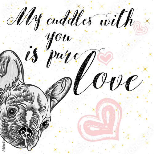 Girl French Bulldog illustration print in golden sparkles. Cute fashionable dog vector sketch. My cuddles with you is pure love postcard. Hand drawn positive background with gold glitter and stars.
