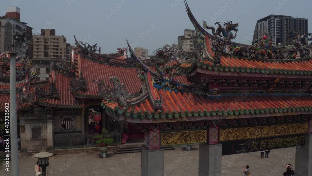 Aerial view of Longshan Temple entrance located in Wanhua district, Taipei, Taiwan. This temple served as a place of worship and a gathering place for Chinese settlers. Aerial view of Longshan Temple entrance located in Wanhua district, Taipei, Taiwan. This temple served as a place of worship and a gathering place for Chinese settlers.