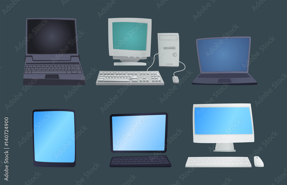 Retro computer item classic antique technology style business personal equipment and vintage pc desktop hardware communication object vector illustration.