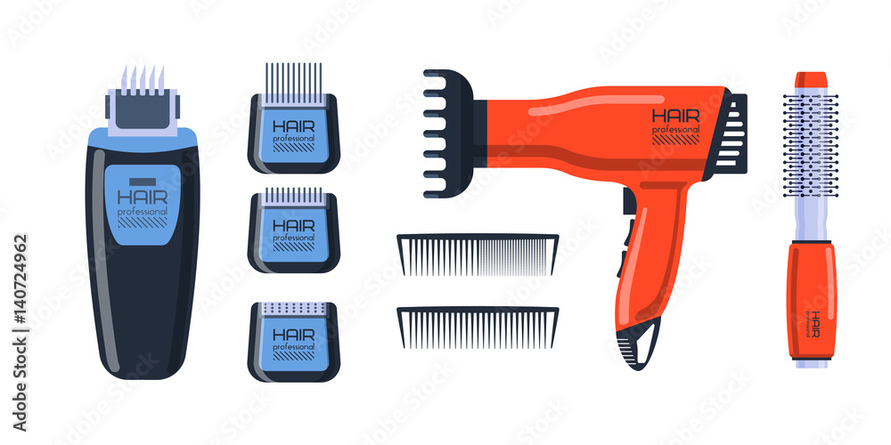 Barber salon professional set with tools equipment and twisting grooming metal barbershop care hairdressing stylist electric accessory vector illustration.