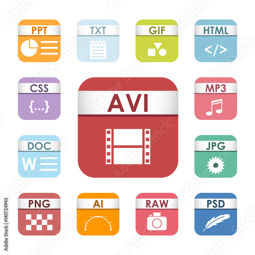 Simple square file types formats labels icon set presentation document symbol and audio extension graphic multimedia sign vector illustration.