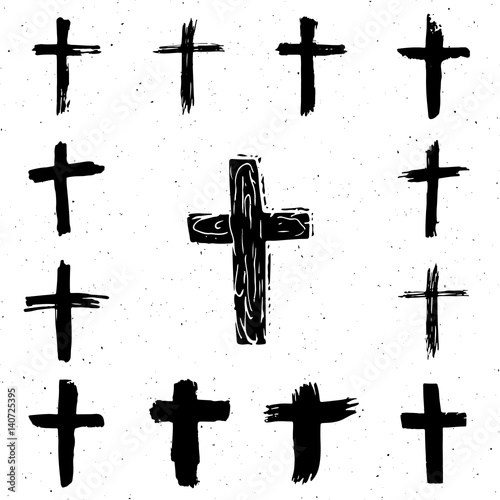 Grunge hand drawn cross symbols set. Christian crosses, religious signs icons, crucifix symbol vector illustration isplated on white background.
