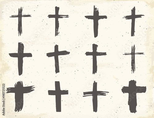 Grunge hand drawn cross symbols set. Christian crosses, religious signs icons, crucifix symbol vector illustration.